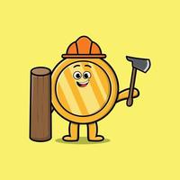 Cute cartoon gold coin carpenter with ax and wood vector