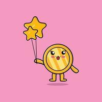 moneda de oro de dibujos animados lindo flotando con globo estrella vector