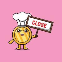 Cute cartoon gold coin chef holding close sign vector