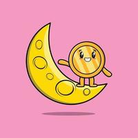 linda moneda de oro de dibujos animados de pie en la luna creciente vector