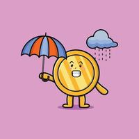 Cute cartoon gold coin in the rain using umbrella vector