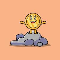 personaje de moneda de oro de dibujos animados lindo de pie en piedra vector