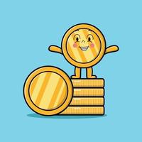 Cute cartoon gold coin hold in stacked gold coin vector