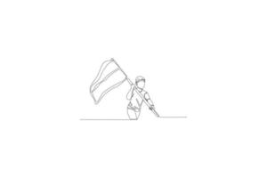 One continuous line drawing of young boy holding and running with flag. Independence day concept. Single line draw design vector graphic illustration.