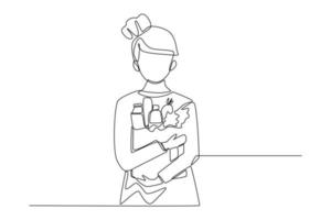 Continuous one line drawing young girl hold paper bag with vegetables after shopping. Eco packaging concept. Single line draw design vector graphic illustration.