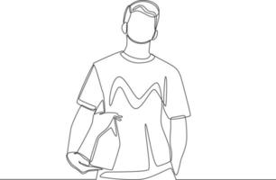 Simple continuous line drawing Young man holding paper bag food. Take away and service concept. Continuous line draw design graphic vector illustration.