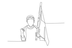 un dibujo de línea continua de un joven feliz sosteniendo la bandera del país. concepto del día de la independencia. ilustración gráfica vectorial de diseño de dibujo de una sola línea. vector