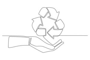 Continuous one line drawing recycle icon on the hand. Eco packaging concept. Single line draw design vector graphic illustration.