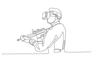 One continuous line drawing of the soldier use a VR glasses for combat. Virtual game concept. Single line draw design vector graphic illustration.