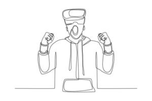 One continuous line drawing of happy young man when he plays virtual reality as winner. Virtual game concept. Single line draw design vector graphic illustration.