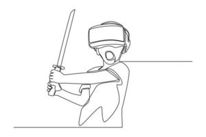 One continuous line drawing of  kid play virtual game with vr glasses and long sword. Virtual game concept. Single line draw design vector graphic illustration.