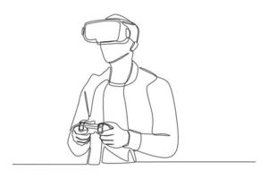 One continuous line drawing of  happy young man watching in vr headset pc gadget and play pc game with joystick console. Virtual game concept. Single line draw design vector graphic illustration.