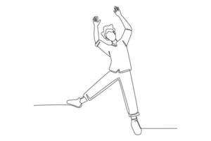 Continuous one line drawing happy young boy jumping and raising hands. International youth day concept. Single line draw design vector graphic illustration.