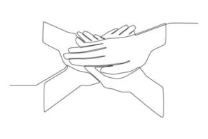 Continuous one line drawing putting their hands together. Stack of hands. International youth day concept. Single line draw design vector graphic illustration.