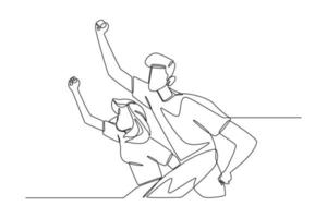 Continuous one line drawing young boy and girl give spirit by raising hand. International youth day concept. Single line draw design vector graphic illustration.