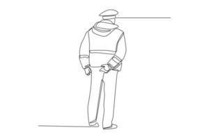 Single one line drawing back view Traffic Police standing and wearing police uniform. Road and traffic concept. Continuous line draw design graphic vector illustration.