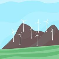 Alternative energy resource with wind turbines, field, mountains, blue sky. Summer landscape and windmill elements. Ecological power. vector