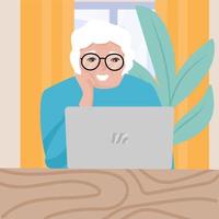 Elderly woman working on laptop sitting near the window. Old person using laptop. Vector illustration.