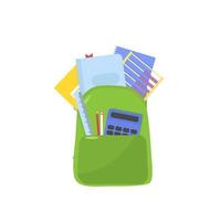 School Backpack with school supplies. Isolated on white background vector illustration. Back to school concept.