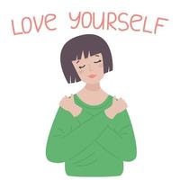 Young beautiful female wearing casual green sweater. Hugging oneself happy and positive, smiling confident. Self love and self care concept. vector