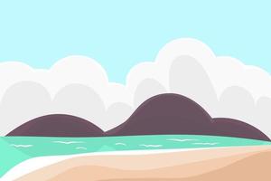 ilustración vectorial del hermoso paisaje de verano. montañas, campos, cielo azul, nubes y arena. fondo de naturaleza en estilo de dibujos animados planos. vector
