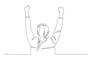 Continuous one line drawing Back view of happy girl with hands up. International youth day concept. Single line draw design vector graphic illustration.