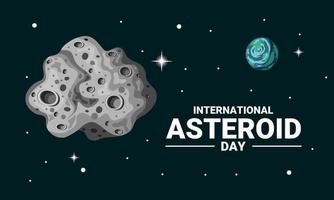 Vector illustration of an asteroid in space, with earth and stars in the background, as a banner or poster, international asteroid day.