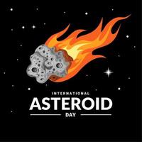 ilustración vectorial de un asteroide que atraviesa el espacio, con la tierra y las estrellas en el fondo, como pancarta o afiche, día internacional del asteroide. vector