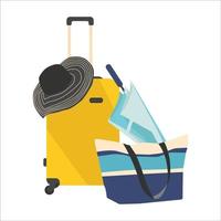 Tourist Suitcase, umbrella, bag and hat. Vacation flat illustration. Travel attributes. Element for your Travel design. Isolated vector graphic.