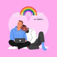 Gay Couple cuddling and watching movie on laptop. Homosexual partners spend time together. Enamored same sex pair. Flat vector illustration. Concept of Lgbt, friendship, free love, tenderness.