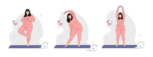 Set of Yoga exercises. Cute Overweight girl doing Yoga. Concept of love for your Body and Body Positive and healthy lifestyle. Hand drawn in thin Line style. Vector illustration.