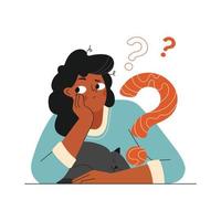 Young african american girl sitting with cat Thinks. Womans Thinking, problem solving, finding solution, critical Thinking, decision making. Woman with a Question mark. Flat vector illustration.