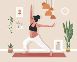 Pregnant Girl doing Yoga in her Room or apartment. Concept of a healthy Pregnancy. Cozy Room interior background with plants and pictures. Woman character doing Yoga at home. Vector illustrate.
