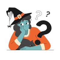 Cute Witch sitting with cat and Thinks. Halloween holiday. Womans Thinking, problem solving, finding solution, critical Thinking, decision making.  Flat vector illustration.