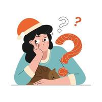 linda chica con un sombrero de navidad sentado con gato y piensa. Navidad. pensamiento de la mujer, resolución de problemas, búsqueda de soluciones, pensamiento crítico, toma de decisiones. ilustración vectorial plana. vector