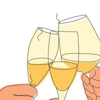 Hands Clink Wine Glasses. Continuous color one Line drawing. People Clink Glasses of drinks. Festive toast concept isolated on white background. Vector illustration.