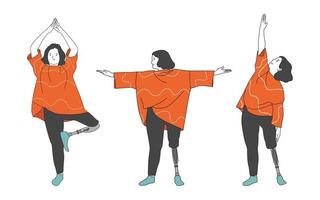 niña discapacitada haciendo yoga. conjunto de ejercicios de yoga. concepto de diversidad e igualdad. personas con discapacidad, prótesis, amputación, inclusión. dibujado a mano en estilo de línea fina, ilustración vectorial. vector