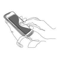 Hands are holding a Mobile phone. Line art illustration, endless drawing. Isolated elements on a white background. Quality assessment, information search, leaving Reviews and Feedback. vector