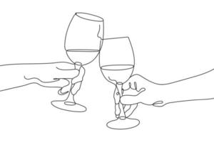 Continuous single Line drawing of Glasses of with drink. People Clink Glasses of Wine. Minimalist linear concept of celebrate and cheering. Vector illustration.