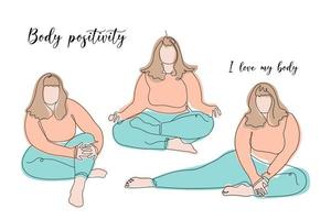 Set of illustrations of Body Positive Yoga. Plus size and Body Positive woman do Yoga. A set of poses with inscriptions. Love yourself. One Line vector illustration.