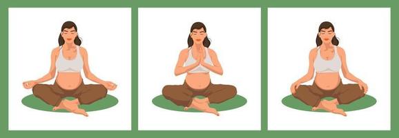 Set of yoga Poses for Pregnant Women, prenatal exercises. Pregnant Woman sitting in Lotus pose. Conceptual illustration for Yoga, meditation, relaxation, rest, healthy lifestyle. Vector illustration.