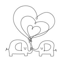 Elephants in love, Line art style illustration. Continuous Line drawing of two Elephants silhouette with hearts. Wedding, valentine day, hug day, family, friendship card design concept. Vector. vector