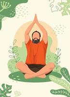 Bearded Man Meditating sitting in lotus pose on the Nature. Faceless style. Concept illustration for Yoga, Meditation, relax, healthy lifestyle and sports activities. Vector illustration.