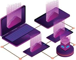 la tecnología en la nube de ilustración 3d isométrica funciona sobre fondo blanco. carga datos en la computación en la nube. vector