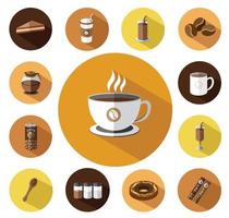 Modern flat coffee icons set with long shadow effect vector