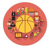 ilustración de iconos planos de baloncesto con efecto de sombra larga vector