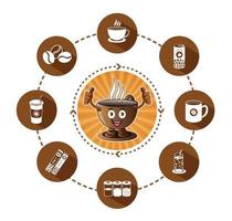 Cartoon Smiling coffee and modern flat coffee with long shadow effect vector