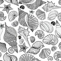 patrón sin costuras de concha marina. fondo marino de vacaciones de verano. papel tapiz de dibujo con textura ornamental bajo el agua con conchas marinas, estrellas de mar y arena. vector