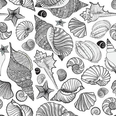 Seashell seamless pattern. Summer holiday marine background. Underwater ornamental textured sketching wallpaper with sea shells, sea star and sand.
