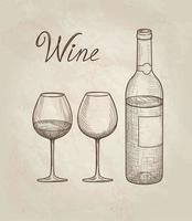 Drink wine set. Cafe bar menu banner. Wineglass, bottle, lettering. Winecard retro engraved  background vector